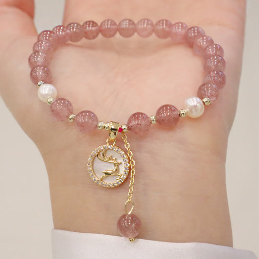 Buddha Stones Strawberry Quartz Pearl Elk Smiley Face Fishtail Fu Character Charm Healing Bracelet