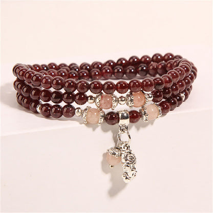 Buddha Stones Natürlicher Granat Erdbeerquarz Grüne Bohnen PiXiu Schutz Dreifach-Wickelarmband 