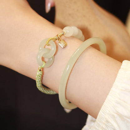 Pulsera trenzada con cuentas de jade hetiano natural de Buda y doble hebilla de paz con carácter Fu 