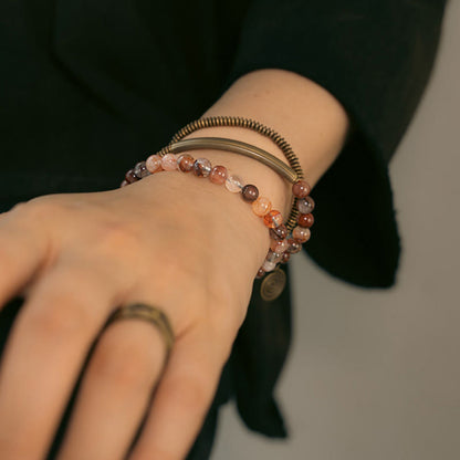 Pulsera de cobre con piedras de Buda, cuarzo hematoide rojo fantasma morado y cuarzo rutilado verde, amor y perdón 