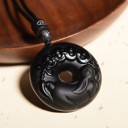 Collar con colgante de obsidiana negra natural con piedras de Buda y hebilla de fuerza del zodiaco chino
