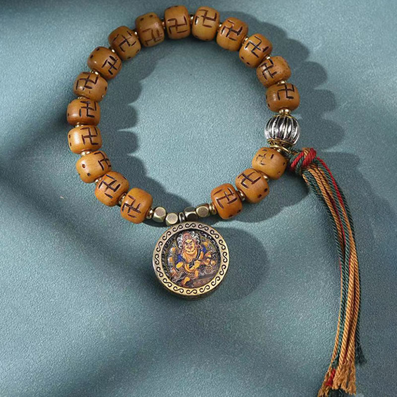 Buddha-Steine, natürliches tibetisches Kamelknochen-Hakenkreuz-Dzi-Perlen-Shankha-Buddha-Charm, Kirtimukha-Glücksschutz-Quastenarmband