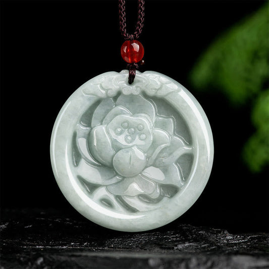 Colgante de prosperidad con flor de loto de jade natural tallada con piedras de Buda