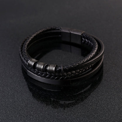 Pulsera trenzada multicapa de cuero y acero de titanio con hebilla magnética y piedras de Buda