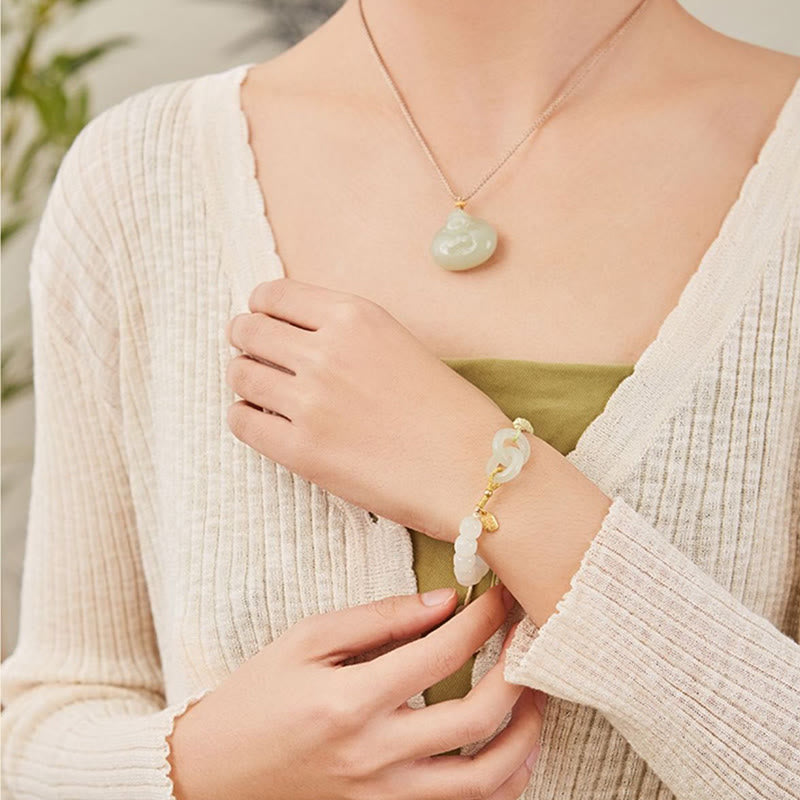 Pulsera trenzada con cuentas de jade hetiano natural de Buda y doble hebilla de paz con carácter Fu 