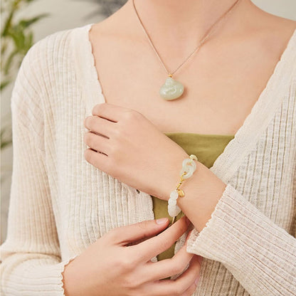 Pulsera trenzada con cuentas de jade hetiano natural de Buda y doble hebilla de paz con carácter Fu 