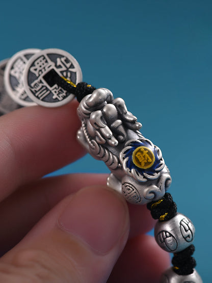 Feng Shui Bracelet Sterling Silver Five Coin Pixiu Braided Bracelet