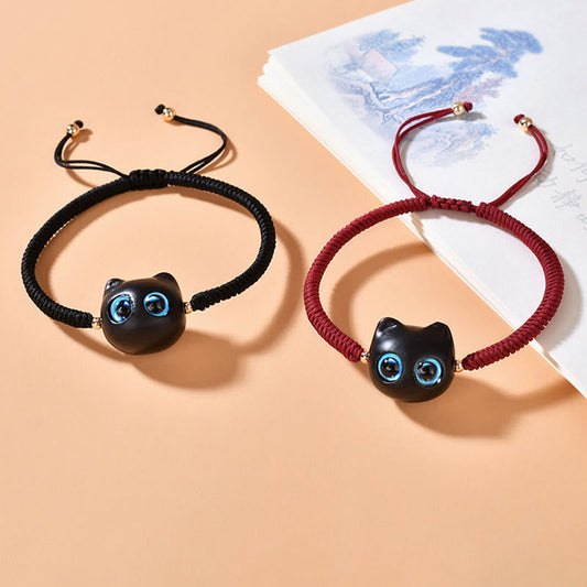 Pulsera trenzada con nudo King Kong de la paz y diseño de cabeza de gato de madera de ébano con piedras de Buda 