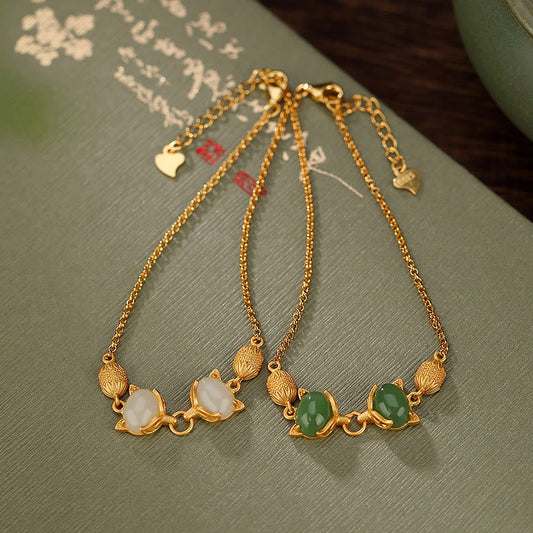Pulsera de plata de ley 925 con piedras de Buda, jade blanco hetiano natural y jade cian, con un encantador zorro de la suerte. 