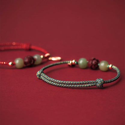 Buddha Stones 14K Gold Plated Hetian Jade Cinnabar Lotus Luck Handcrafted Rope Bracelet
