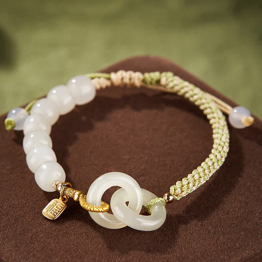 Pulsera trenzada con cuentas de jade hetiano natural de Buda y doble hebilla de paz con carácter Fu 