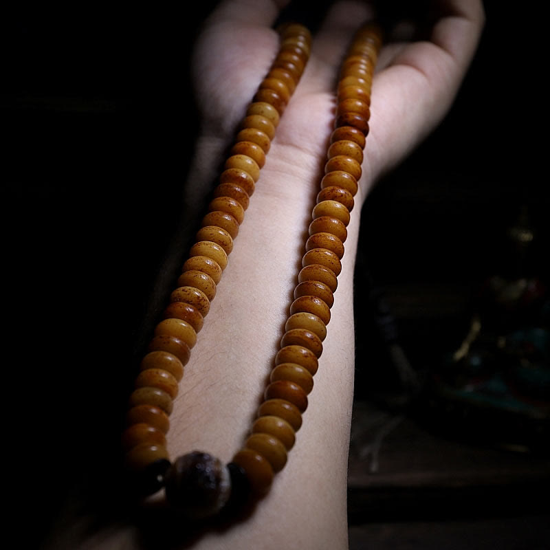 Pulsera tibetana de 108 cuentas Mala de hueso de yak con tres ojos de Dzi y piedras de Buda para alejar los malos espíritus.
