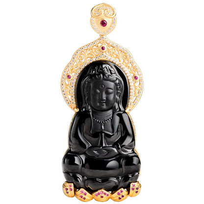 Collar con colgante de la riqueza de Kwan Yin Avalokitesvara y jade negro natural en plata de ley 925 con piedras de Buda