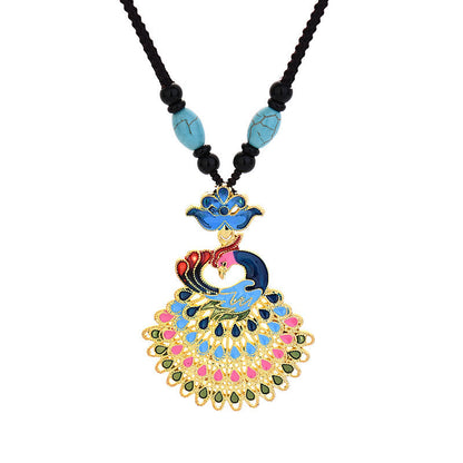 Collar con colgante de la fortuna de ágata turquesa, ámbar y pavo real de colores de Buda 