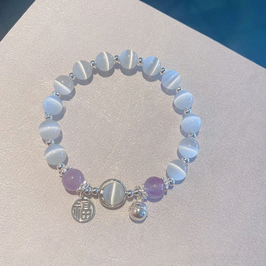 Pulsera de soporte con dije de campana con carácter Fu de amatista y ojo de gato de piedras de Buda