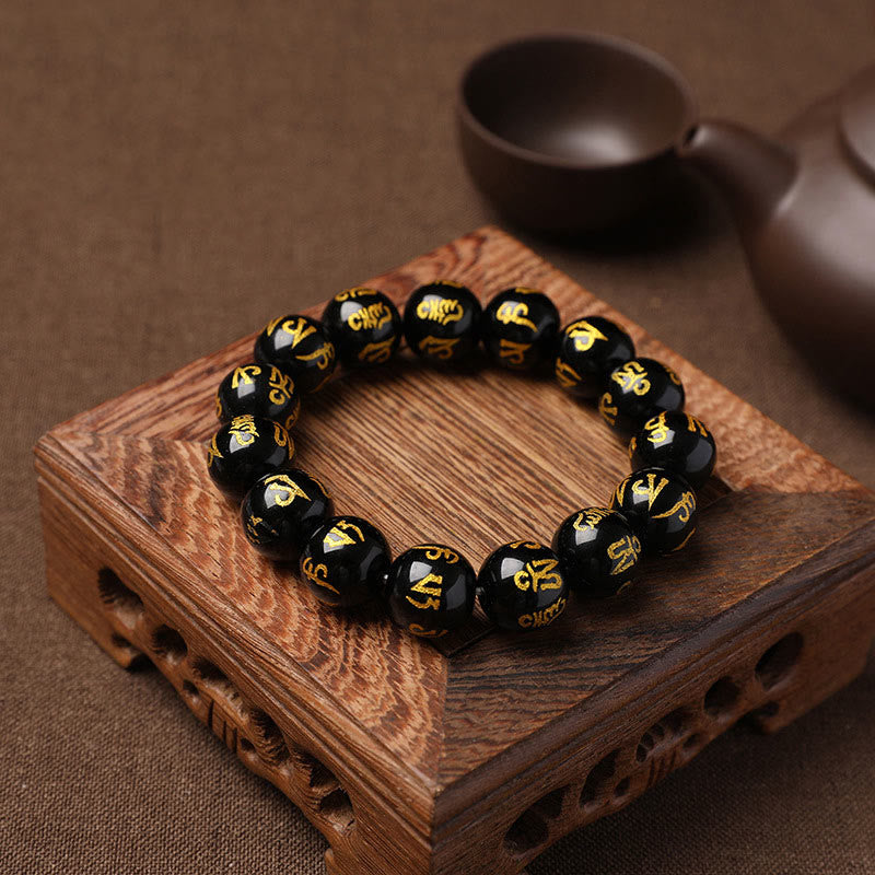 Pulsera de meditación Om Mani Padme Hum con piedras de Buda, cristal blanco del Tíbet, ónix negro