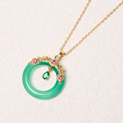 Buddha Stones Green Chalcedony Peace Buckle Design Strength Necklace Pendant