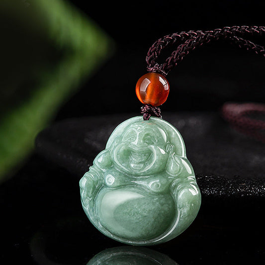 Collar con colgante de hilo de jade cian y piedras de Buda sonriente