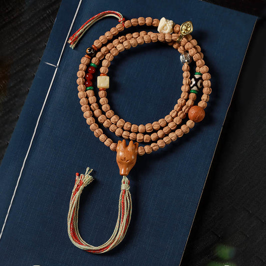 Pulsera Mala de sabiduría con cabeza de ciervo y ágata roja de semilla de Bodhi de 108 cuentas de Buda 