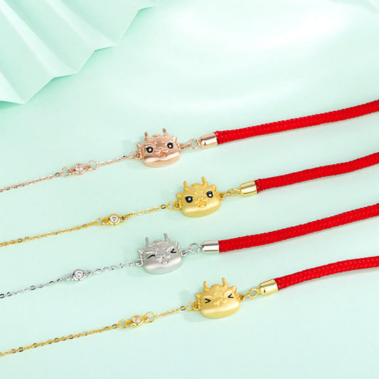 Pulsera de cadena de hilo rojo con diseño de dragón de la suerte del año del dragón en plata de ley 925 con piedras de Buda 