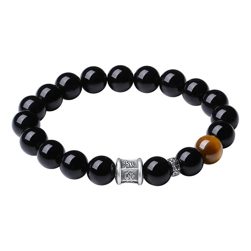 Pulsera de obsidiana negra con ojo de tigre y piedras de Buda en plata de ley 999 con el símbolo del Om Mani Padme Hum 