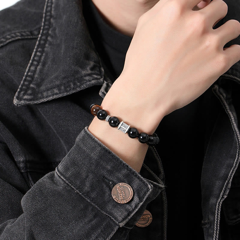 Pulsera de obsidiana negra con ojo de tigre y piedras de Buda en plata de ley 999 con el símbolo del Om Mani Padme Hum 