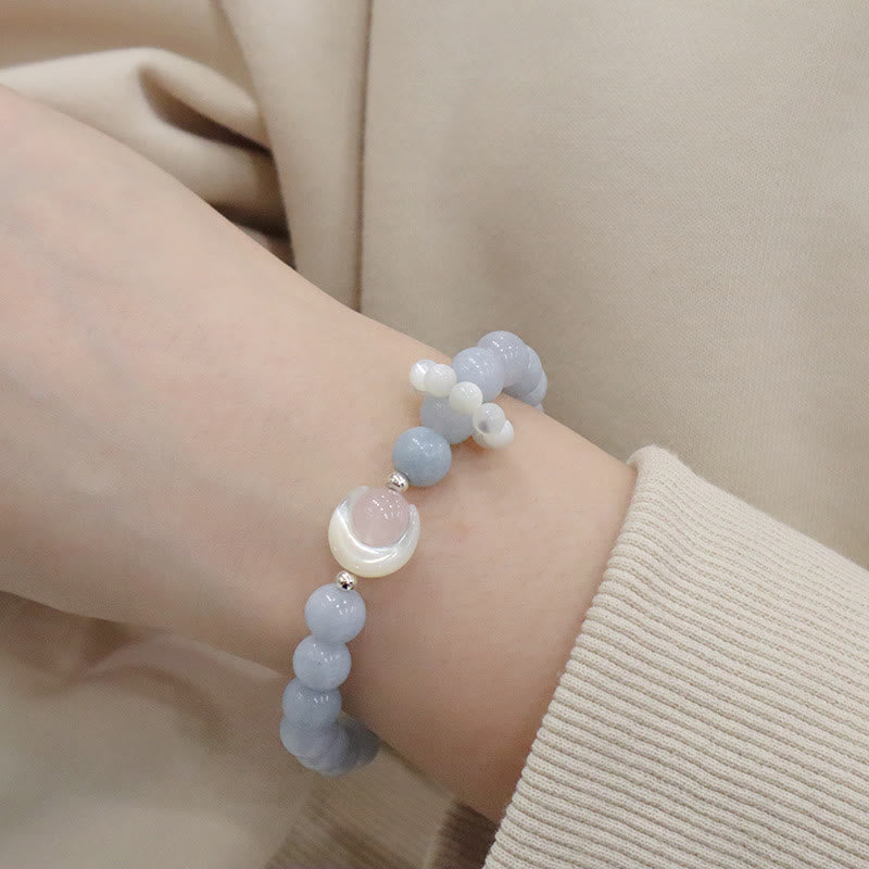 Pulsera de plata de ley 925 con amatista natural, aguamarina y cristal rosa, ojo de gato y luna creciente curativa. 