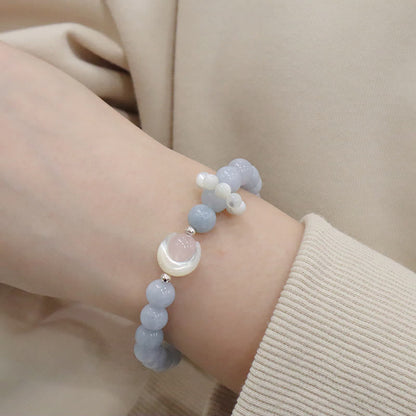 Pulsera de plata de ley 925 con amatista natural, aguamarina y cristal rosa, ojo de gato y luna creciente curativa. 