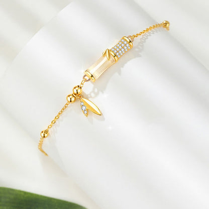 Pulsera de la suerte con piedras de Buda, plata de ley 925, chapada en oro de 18 quilates, jade blanco, bambú y circón. 