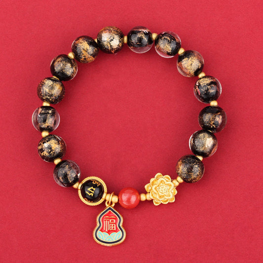 Pulsera de la suerte con cuentas de vidrio de loto y liuli con abalorios de calabaza del Tíbet con el símbolo Om Mani Padme Hum Fu de Buda