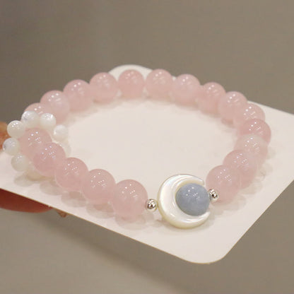 Pulsera de plata de ley 925 con amatista natural, aguamarina y cristal rosa, ojo de gato y luna creciente curativa. 