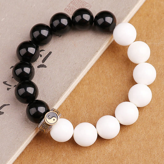 Pulsera de piedra de Buda en plata de ley 925 con obsidiana negra y concha blanca, con fuerza Yin Yang
