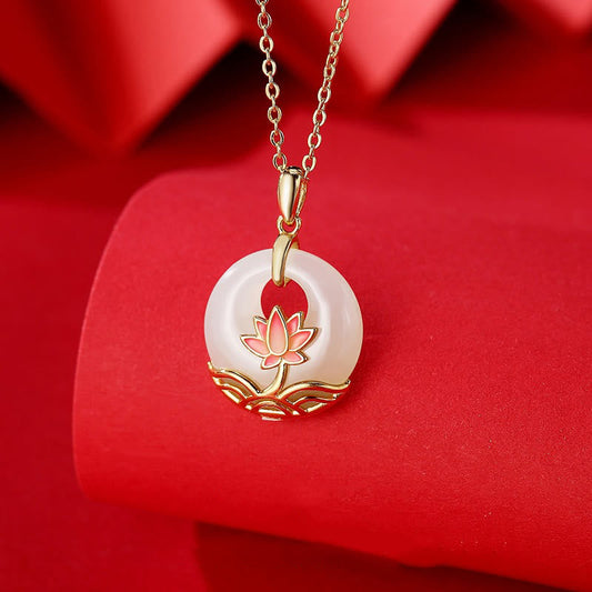 Collar con colgante de flor de loto de jade blanco hetiano de plata de ley 925 con piedras de Buda y bendición