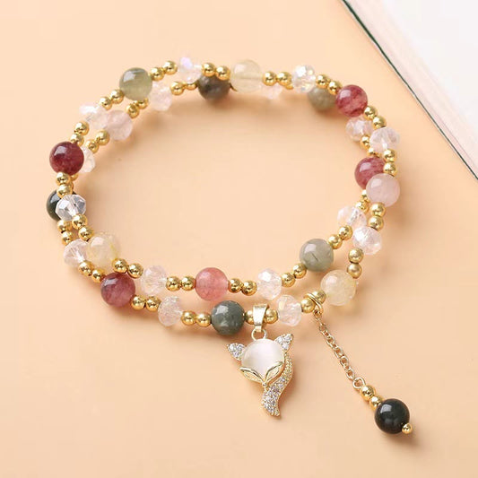 Pulsera de doble vuelta con protección de zorro y cuarzo rutilado multicolor de Buddha Stones