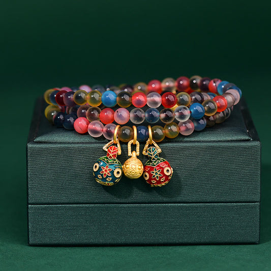 Pulsera de triple vuelta con amuleto de fuerza familiar, piedras de Buda, ágata de caramelo colorida y oro, bestia devoradora