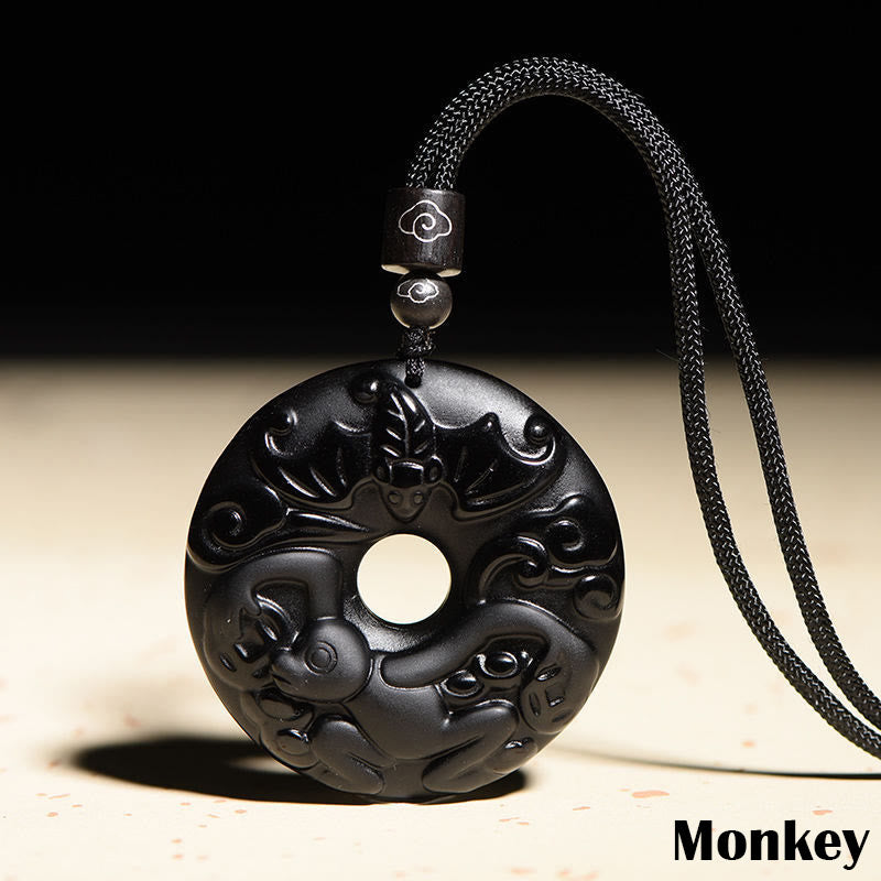 Collar con colgante de obsidiana negra natural con piedras de Buda y hebilla de fuerza del zodiaco chino