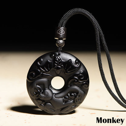 Collar con colgante de obsidiana negra natural con piedras de Buda y hebilla de fuerza del zodiaco chino
