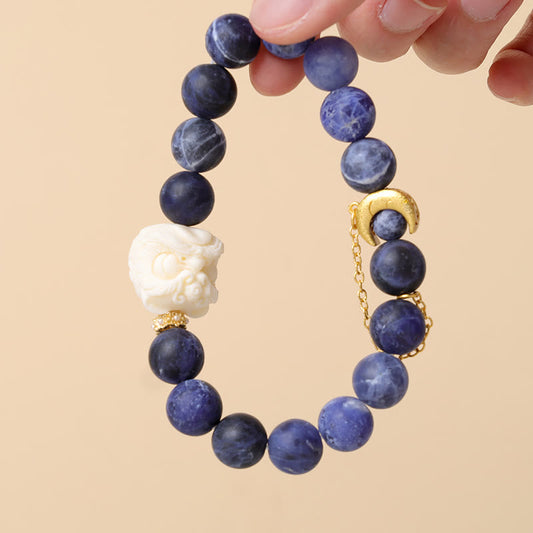 Pulsera de armonía de luna creciente con león danzante, fruta, sodalita y marfil con piedras de Buda