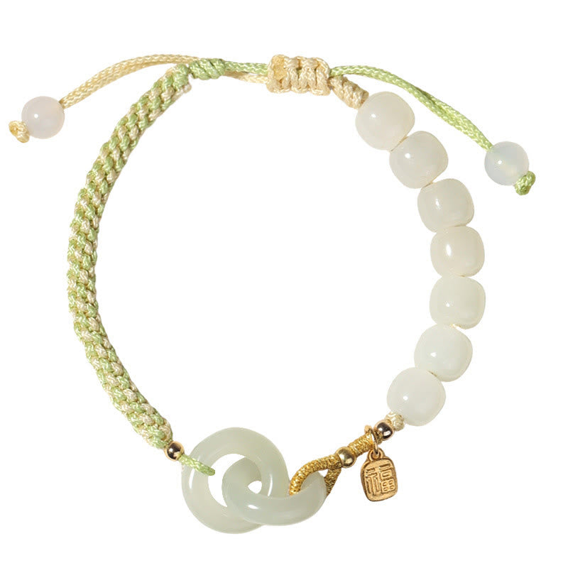 Pulsera trenzada con cuentas de jade hetiano natural de Buda y doble hebilla de paz con carácter Fu 