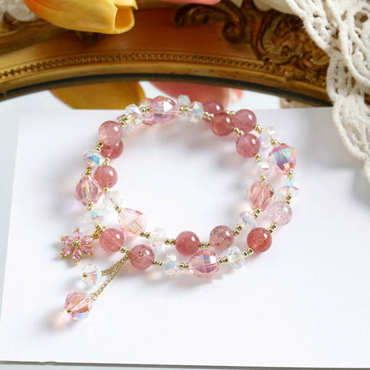 Pulsera curativa de doble vuelta con piedras de Buda, cuarzo fresa y flor de circón 