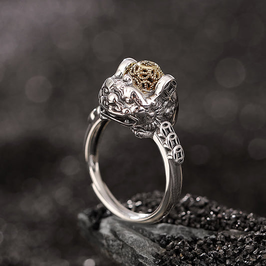 Anillo ajustable de riqueza con monedas de cobre PiXiu de plata de ley 925 y piedras de Buda
