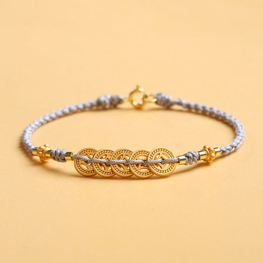 Pulsera trenzada de cuerda azul con perla, árbol de la fortuna y monedas de cobre de Buda 