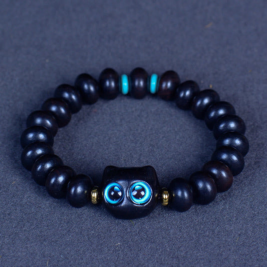 Pulsera de equilibrio de paz con piedras de Buda, madera de ébano y cristal de Liuli, con un gato encantador 