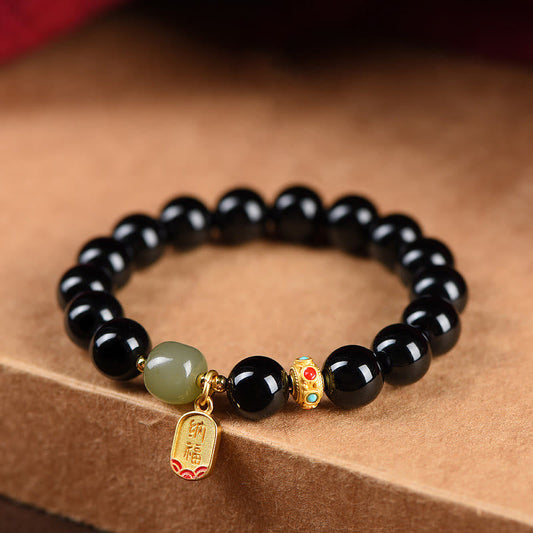 Buddha Stones Schwarzer Onyx Hetian Jade Perle Glücksbringer Armband