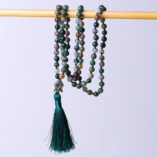 Pulsera de limpieza con cabeza de Buda de ágata india y 108 cuentas de mala de Buddha Stones