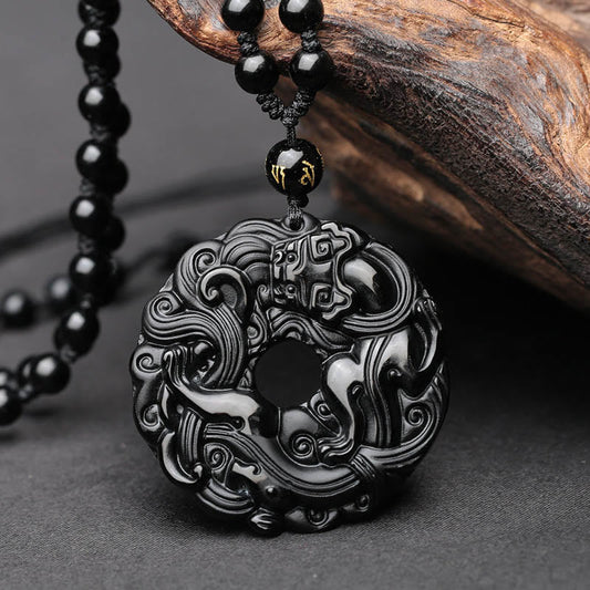 Buddha Stones Natürlicher schwarzer Obsidian Peace Buckle Pixiu Reinigungshalskettenanhänger
