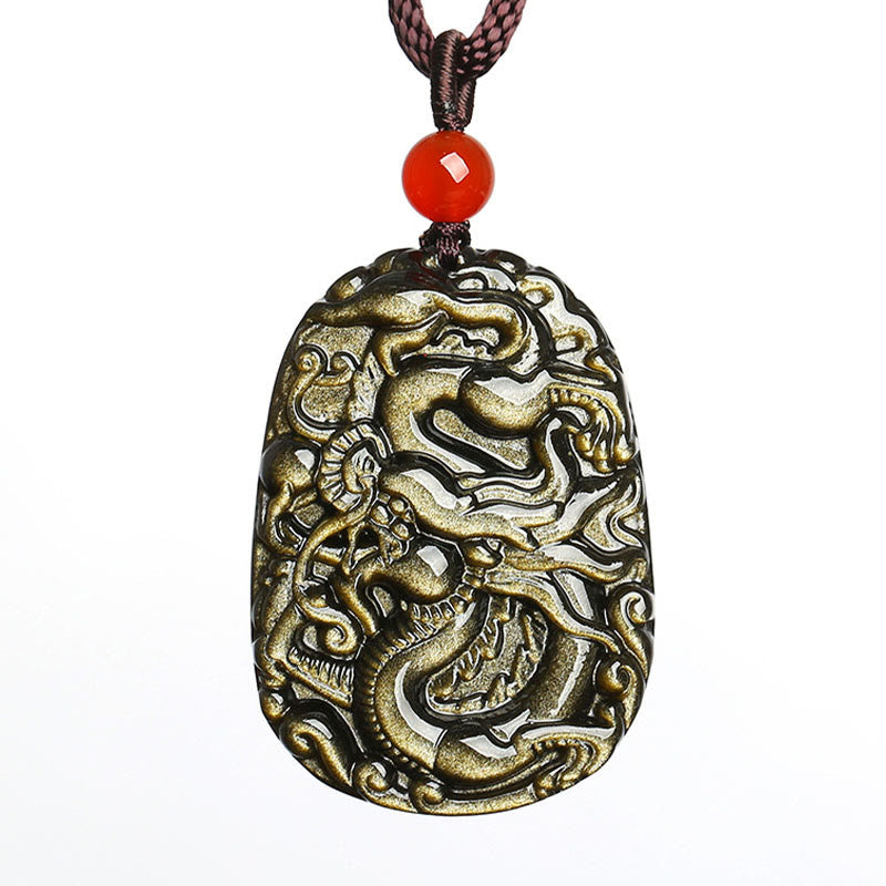 Collar con colgante de éxito con diseño de dragón de obsidiana con brillo dorado y piedras de Buda 
