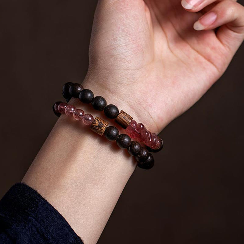 Pulsera de doble vuelta con piedras de Buda en plata de ley 925, con el zodíaco chino, Buda natal, madera de agar y cuarzo fresa.
