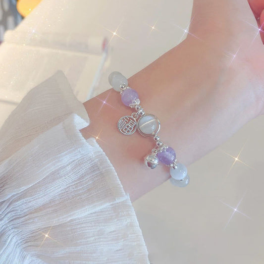 Pulsera de soporte con dije de campana con carácter Fu de amatista y ojo de gato de piedras de Buda