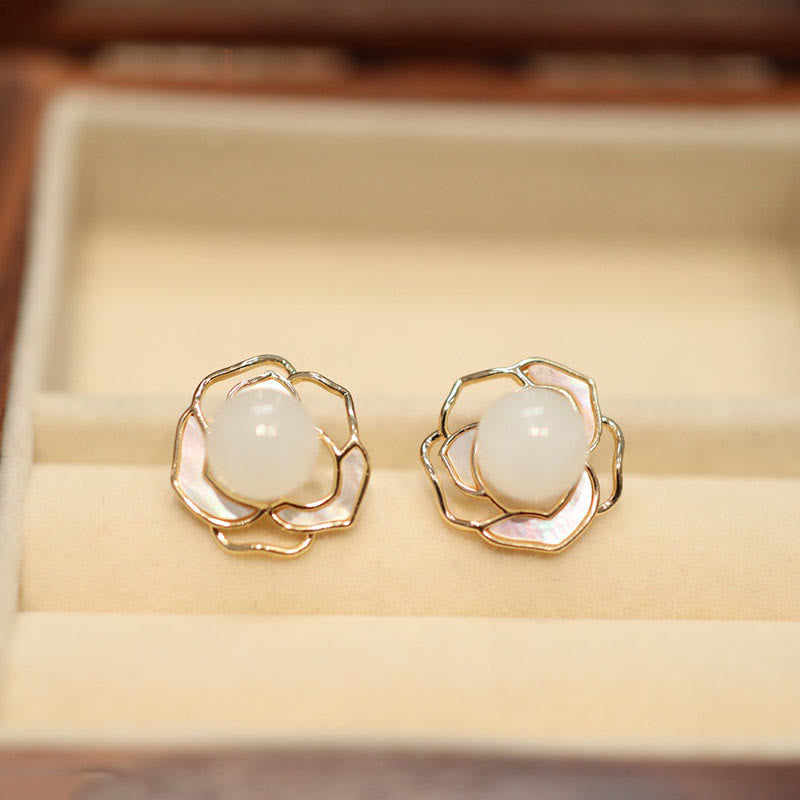Buddha Stones 925 Sterling Silver Plated Gold Posts Hetian White Jade Tridacna Stone Camellia Flower Luck Necklace Pendant Ring Earrings - Touch Bling